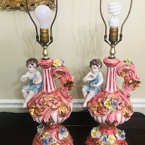 Capodimonte Style Cherub Table Lamps: Hand-Painted Porcelain, Made in Italy