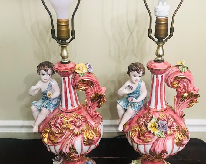 Capidimonte Style Hand Painted Porcelain Table Lamps Made in Italy, Cherub Table Lamp, Signed Made in Italy Lamps