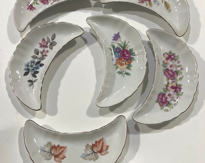Hand Painted Crescent Plates, Bone Plates, Trinket Dish/ Giftware