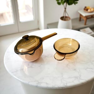 Vintage Vision Amber Corning Cookware: 1-Qt Saucepan & Grab-It Dish