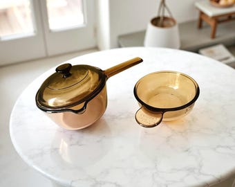 Vintage Vision Amber Corning Cookware: 1-Qt Saucepan & Grab-It Dish