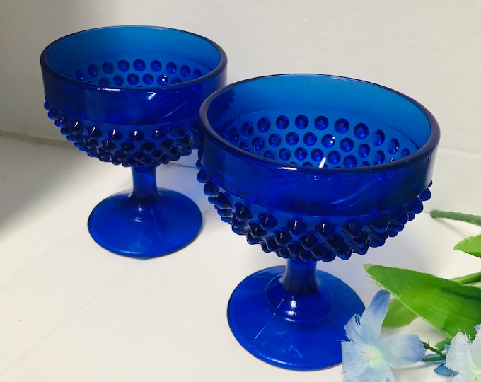 LE Smith Cobalt Blue Hobnail Sherbet/ Champagne/ Dessert/ Ice Cream Cup/ Goblet/ Wine Glass
