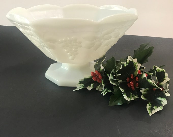 Vintage Anchor Hocking Milk Glass Octagon shape, Embossed Grapes, and Keave Mofif Bowl