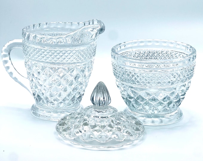 Vintage Anchor Hocking Wexford Sugar Bowl with Lid and Creamer