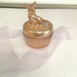 Jeannette Glass Co  Scottie  Powder Jar/ Trinket Box, Scottie Dog Powder Box, Iridescent Glass Powder Box