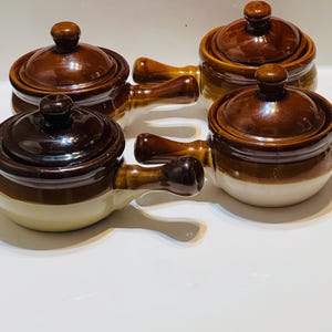 Vintage French Onion Soup Bowl, Bean Pot, Dripped Handle Brown and Cream Bowl, Chili Bowl