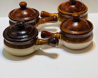 Vintage French Onion Soup Bowl, Bean Pot, Dripped Handle Brown and Cream Bowl, Chili Bowl