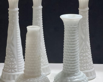 Vintage White Milk Glass Bud Vase, Hobnail, E.O. Brody, Stars and Bars Milk Glass Bud Vase