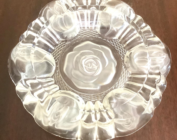 Vintage Pasari Indonesia Clear Glass Ashtray With Frosty Roses