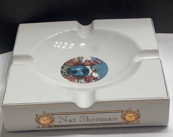 Nat Sherman Cigar Ashtray, Large Ceramic Square Cigar Ashtray, Tobacconist to the world Cigar Ashtray