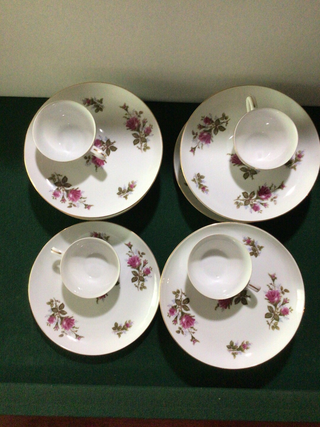 Moss Rose Plates, Cups, Snack Set, Vintage Cake Plate by Laurel China
