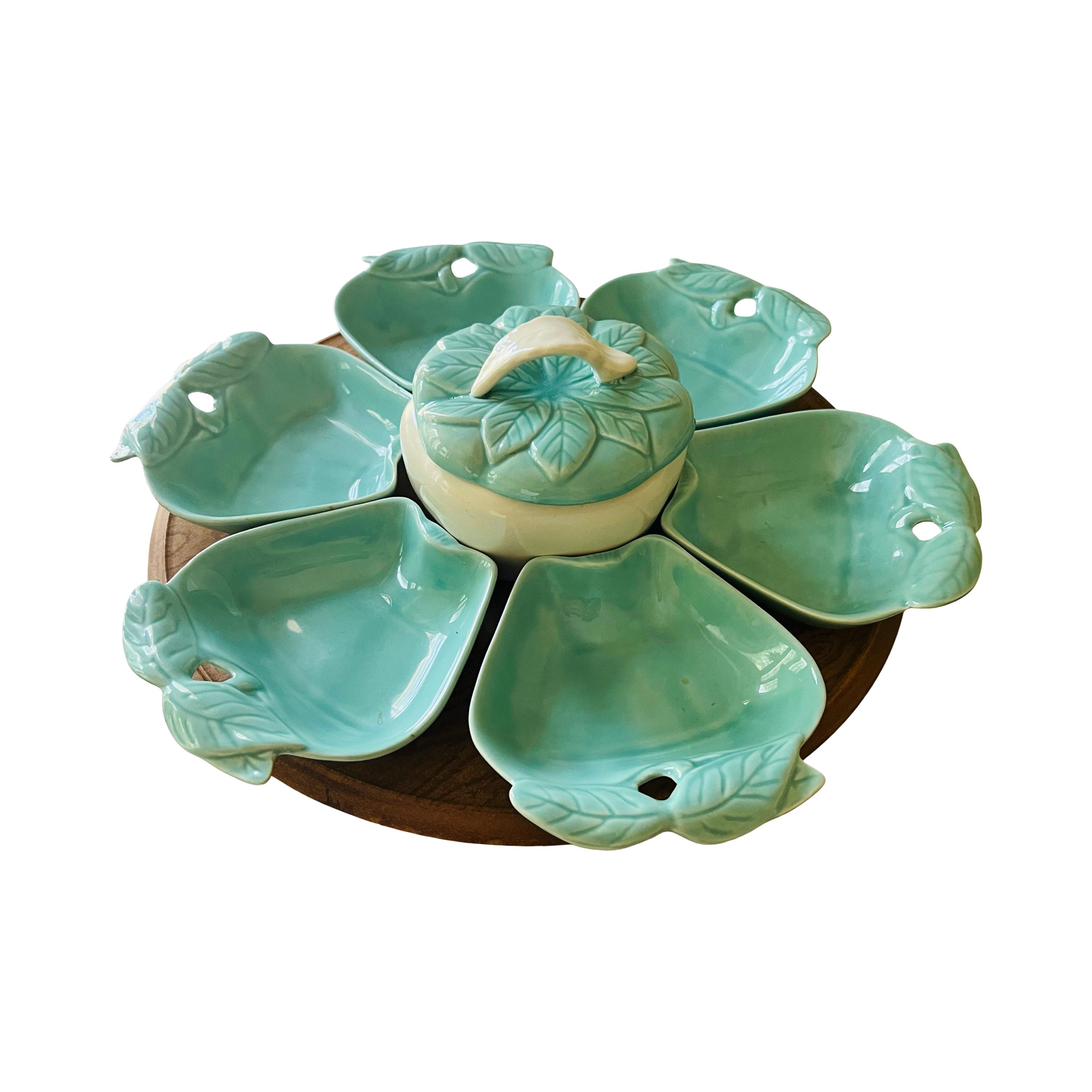 最終価格　貴重ヴィンテージ　米Susan paley 可愛い♪陶器クッキージャー Vintage MCM Hoenig California Chip and Dip Set: Turquoise Apple