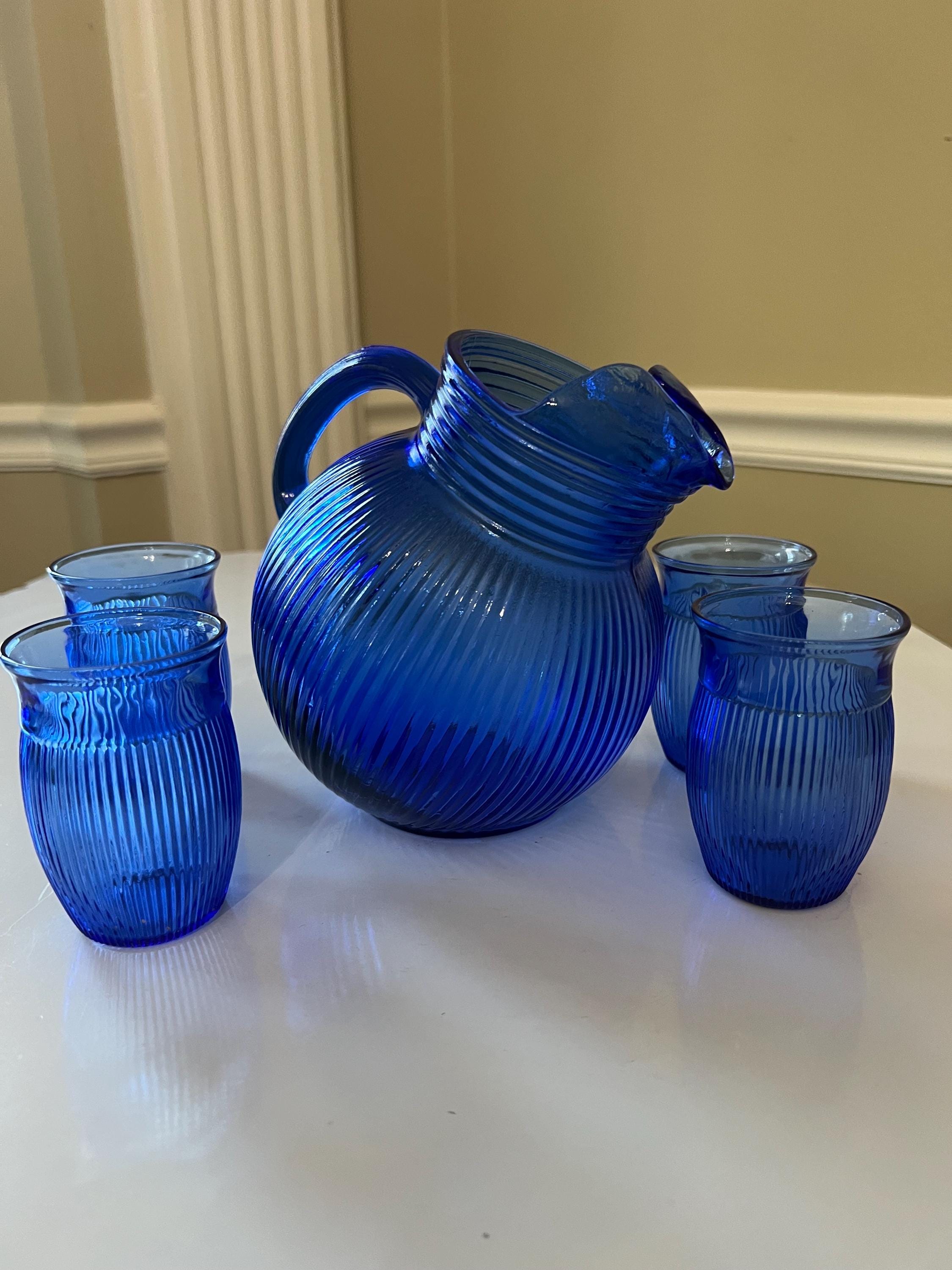 Vintage Hazel Atlas Cobalt Blue Ribbed Pitcher With Tumblers - Etsy