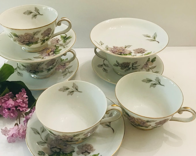 Teacups and Saucers Set,  Pink Peony, Gold Accent by SeYel Fine China/ Tea Cups