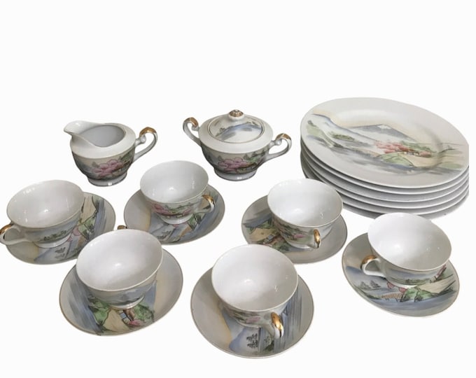 Kutani hand-painted Plates, Cup and Saucers, Creamer and Sugar Bowl, Dinnerware Set