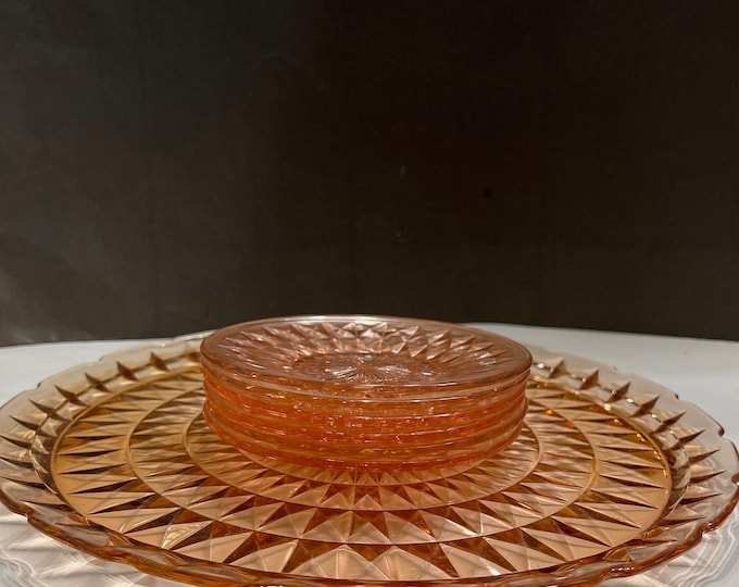 Jeannette Glass Pink Windsor Platter and Saucers,  Torte Plate, Pink Cake Plate, Pink Party Tray