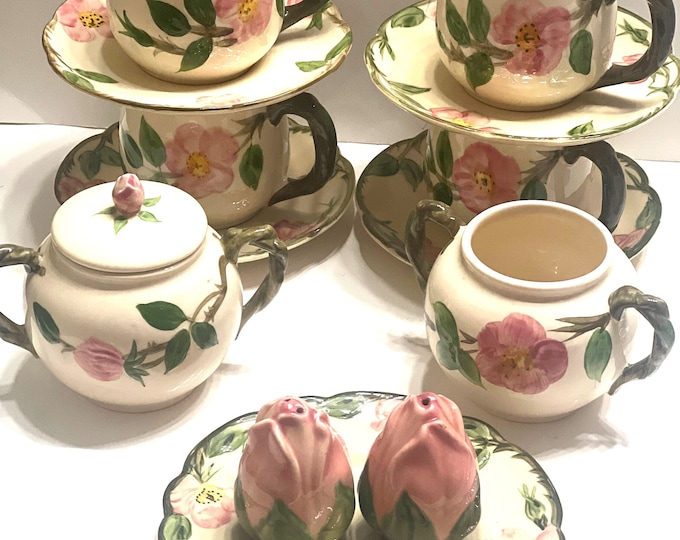Franciscan Desert Rose Cups and Saucers, Bread and Butter Plate,  Sugar and Creamer, Salt and Pepper Shaker, Vintage Rose Motif Dinnerware