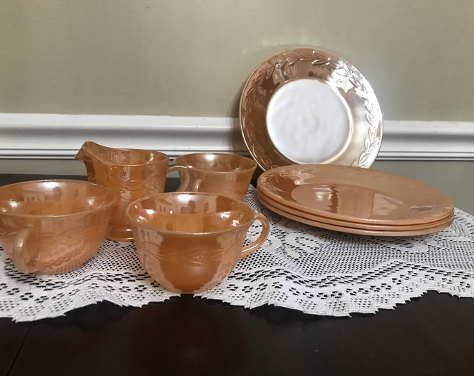 Anchor Hocking Peach Laurel Lustre Dinner  Plates, Cups, Saucers, and Creamer
