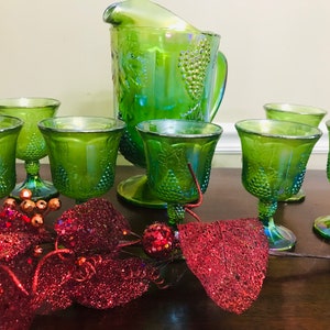 Colony Iridescent Harvest Grape Lime Green Pitcher and Water/Wine Goblets