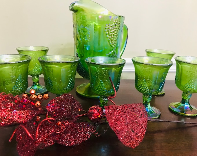 Colony Iridescent Harvest Grape Lime Green Pitcher and Water/Wine Goblets