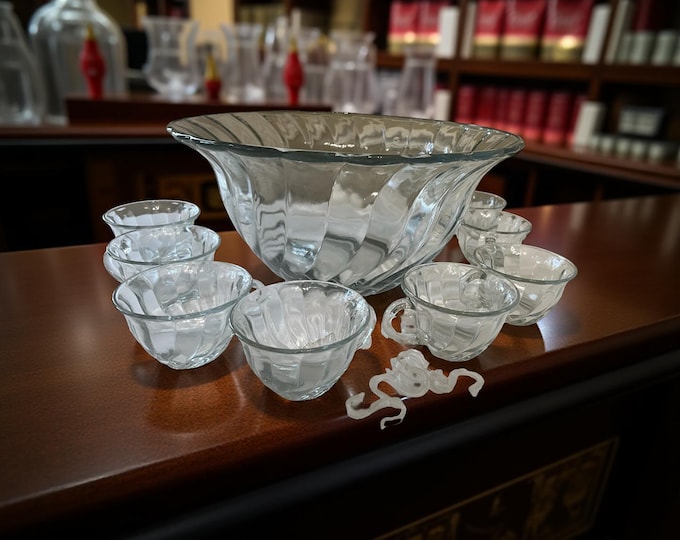 Vintage Anchor Hocking Victoria Optic Swirl Punch Bowl Set, 8 cups