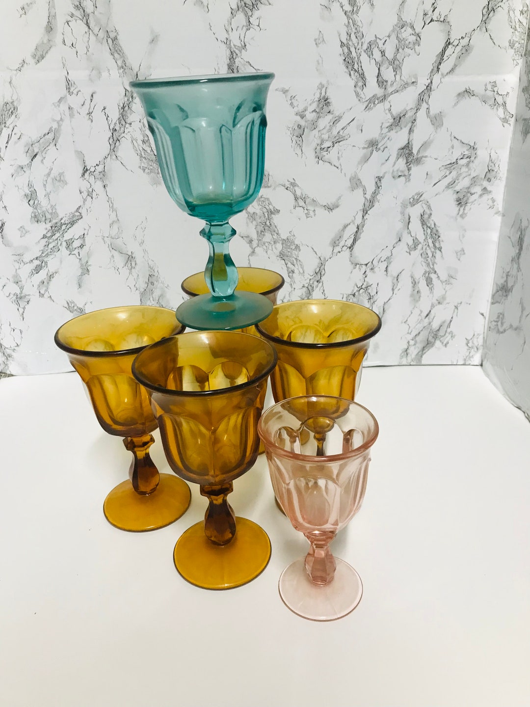 Amber Glass Goblets Old Williamsburg Pattern x4