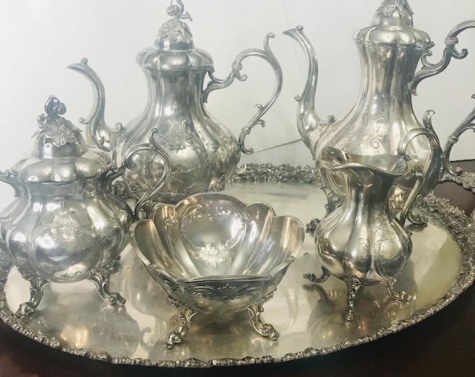 Vintage Barton and Reed Hand-Chased Winthrop Tea Set on Antique Ellis Barker Ornated Tray