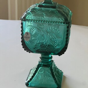 Vintage Fenton Spruce Green 7 1/2 Inch Square Covered Candy Dish Grape Leave Pattern