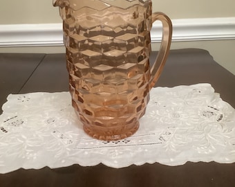 Indiana Glass Pink Cube Glass Pitcher, Water/ Ice Tea Pitcher, Retro Pitcher