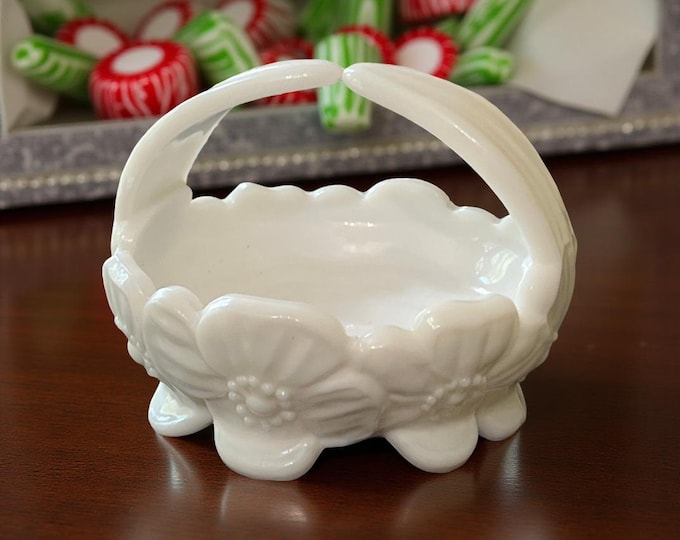 Vintage Westmoreland White Milk Glass Dogwood Flower Basket, Candy Dish