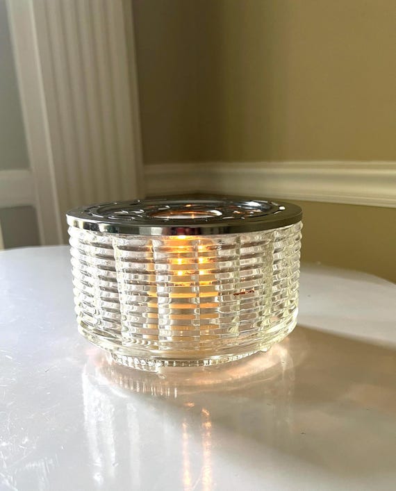 Vintage Silex Candle Warmer: Chromed Metal & Paneled Glass