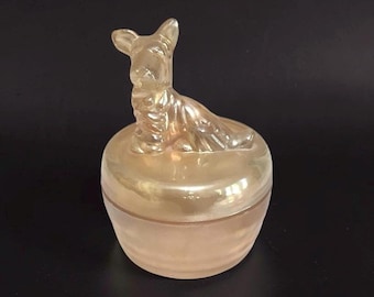 Vintage Jeannette Iridescent Scottie Dog Powder Jar Trinket Box: Amber Glass