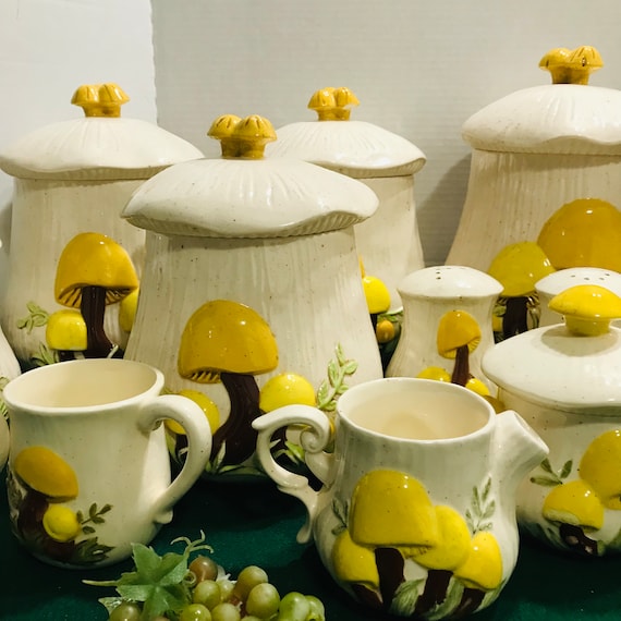 Vintage Arnels' Mushroom Kitchen Canister Set, Cookie Jar, Cups