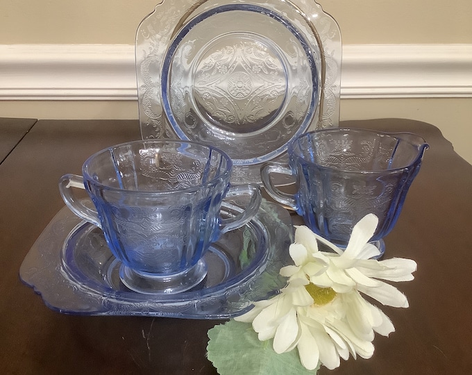Recollection Madrid Blue by Indiana Glass Creamer, Open Sugar, and Open Bowl
