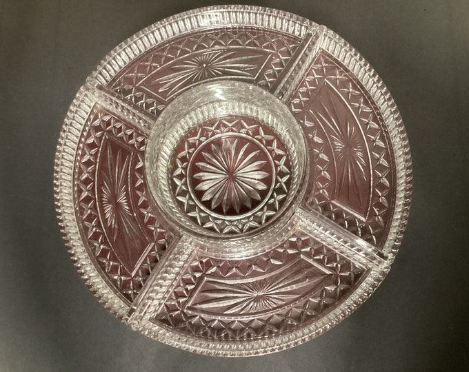 Fifth Avenue Estate  Lazy Susan-Mahogany Finished Wood Base/  Crystal Relish Dish/ Serving Dish/Gift