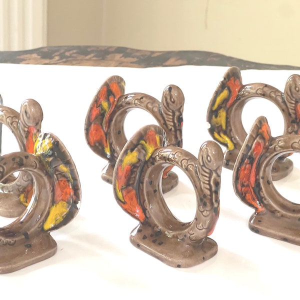 Vintage Thanksgiving Turkey Napkin Rings: Splatter Paint Ceramic, Set of 6
