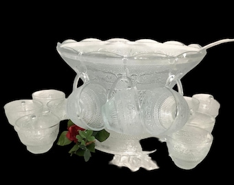 Vintage Crystal Clear Industries punch bowl set: kom, pollepel, 12 kopjes