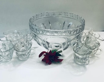 Classique Clear  Punch Bowl and Cups By Colony, Indiana Glass Company, Barware Punch Set