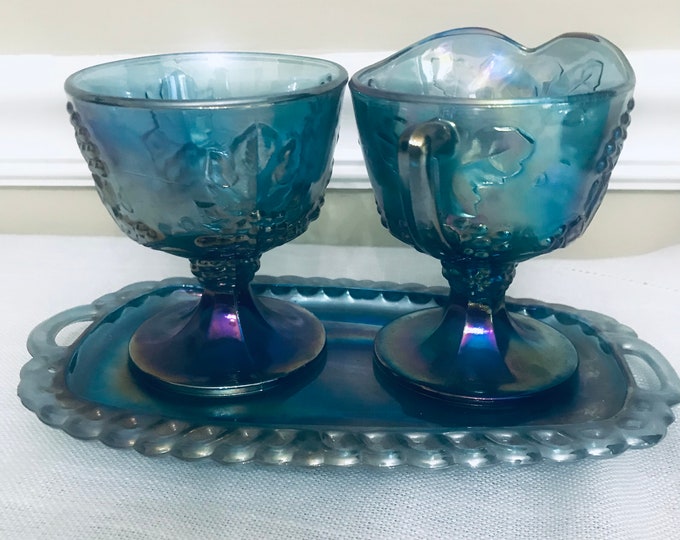 Vintage Indiana Glass Harvest Grape Blue Carnival Glass Creamer and Sugar with Underplate/ Giftware