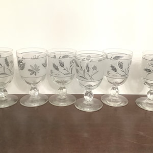 Vintage Libbey Silver Foliage Leaf Print Water Goblets/ Wine Goblets
