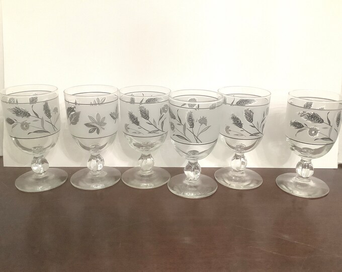 Vintage Libbey Silver Foliage Leaf Print Water Goblets/ Wine Goblets