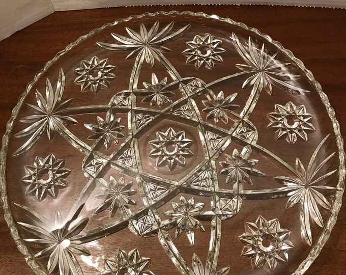 Anchor Hocking Prescut Clear Torte Plate, Star of David  EAPG, 13”  Cake Plate, Glass Serving Platter