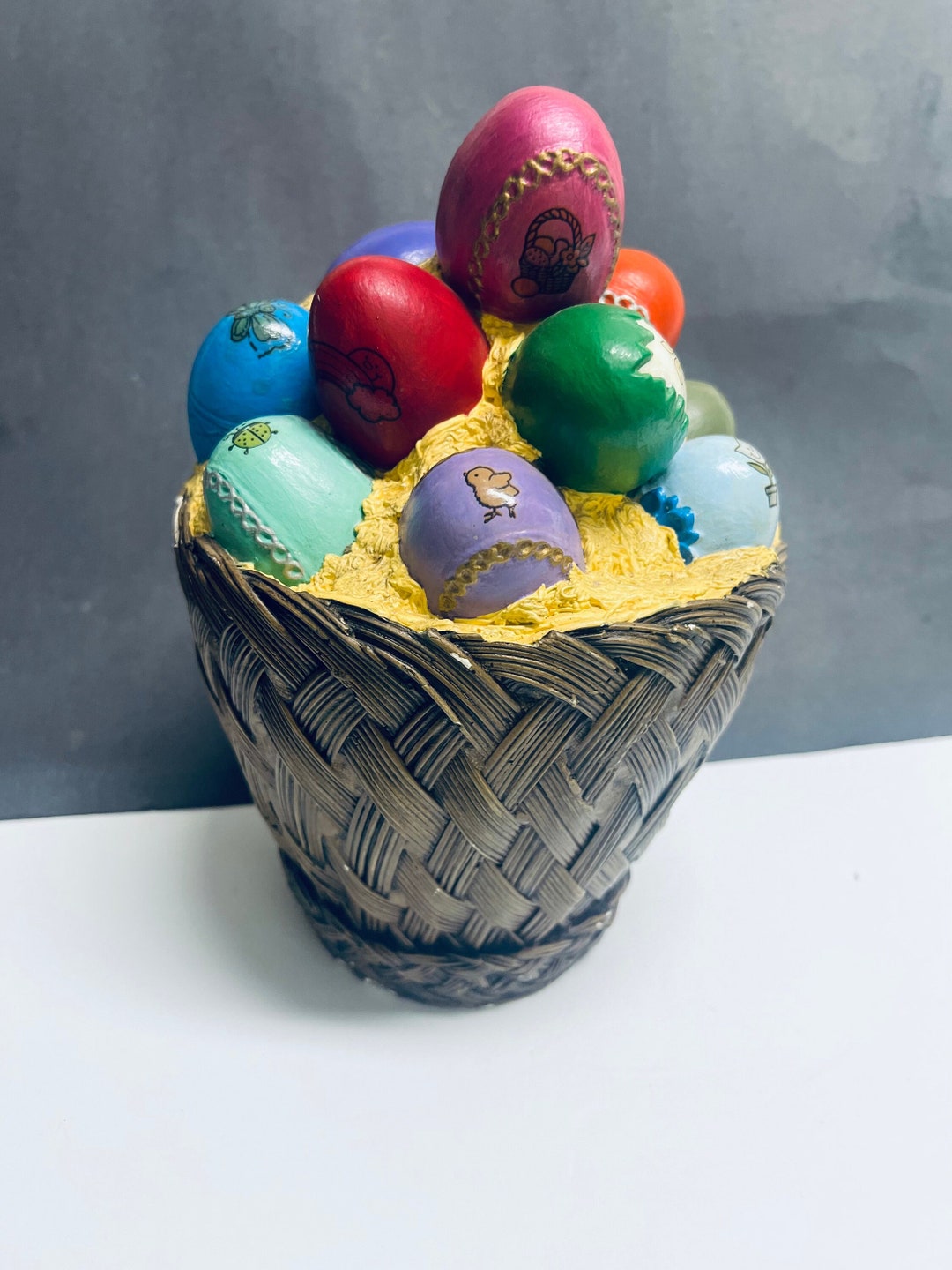 Designer Etno Style Easter Basket “Ceramic house“ wood, dry flowers and organic fabric / adult