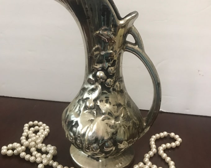 Vintage Nelson McCoy Pottery Antiqua Silver Grape Pitcher Vase Handmade