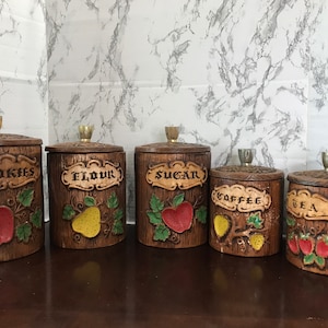 Vintage  Treasure Craft Canisters,  Sugar, Flour, Tea, Coffee, and Cookie Canisters