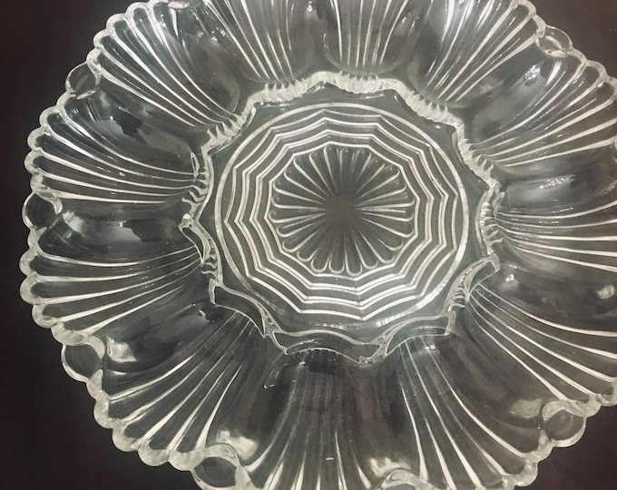 896 Clear Devil Egg Tray, by Anchor Hocking Glass Company: Devil Egg, Oyster Serving Round Tray, Platter