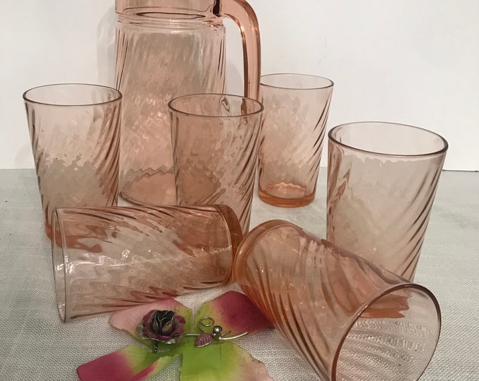 Rosaline Pink Swirl Optic Pitcher and Six Tumblers