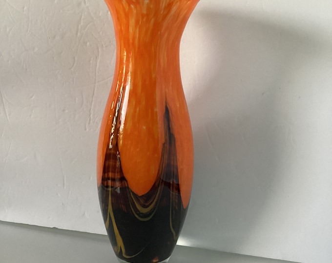 Cased Glass Vase, Splattered Vase, Black, Orange, Yellow, ad Brown Colors