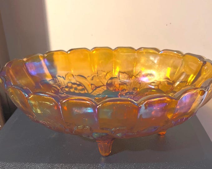 Indiana Glass Company Amber Marigold Harvest Carnival Iridescent Bowl/ Home Decor/ Centerpiece/ Oval Grape Bowl