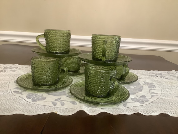 Vintage Anchor Hocking Soreno Green Cups, Saucers, Tumblers
